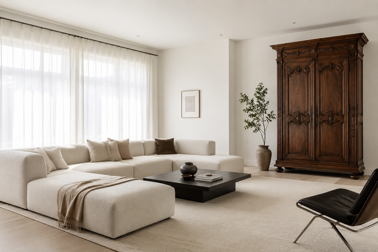 Modern living room featuring a minimalist sectional sofa and a large vintage dark oak armoire demonstrating the 80-20 rule for mixing vintage and modern furniture.