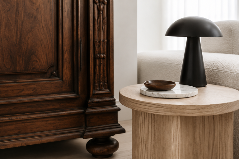 Close-up of walnut and ash wood furniture paired with a matte black lamp and marble coaster showing how to mix different wood tones in modern interiors.