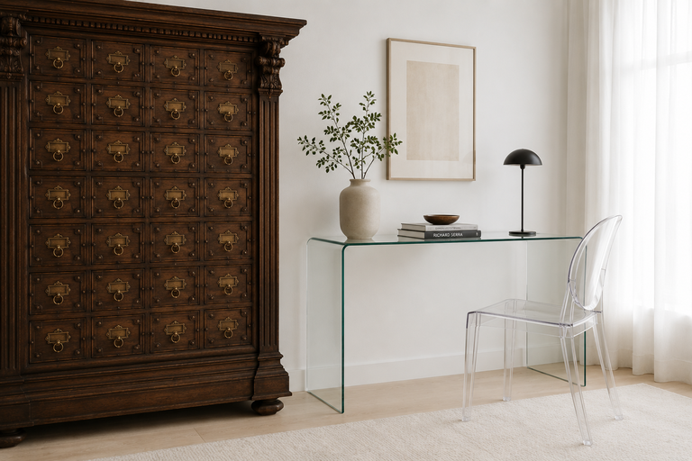 Dark antique oak apothecary cabinet paired with a clear glass console table and transparent acrylic chair in a modern minimalist interior.