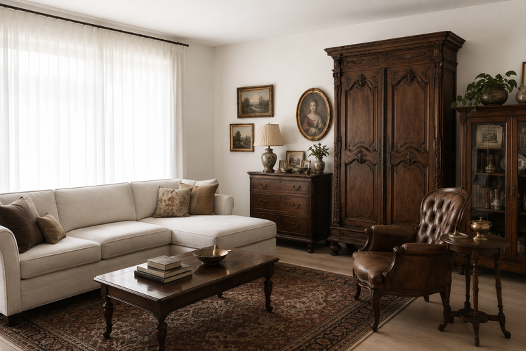Incorrectly styled living room with vintage furniture clustered on one side creating an unbalanced and visually heavy interior.