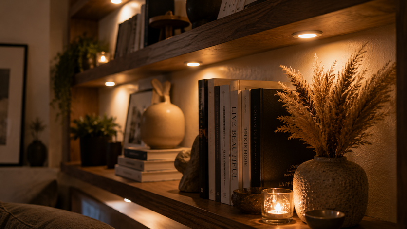 Bookshelf illuminated by battery-operated puck lights highlighting books and decorative accessories.