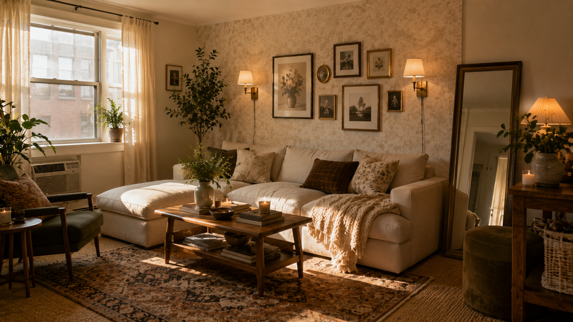 Finished renter-friendly apartment living room with layered rugs, wallpaper, lighting, and affordable furniture.