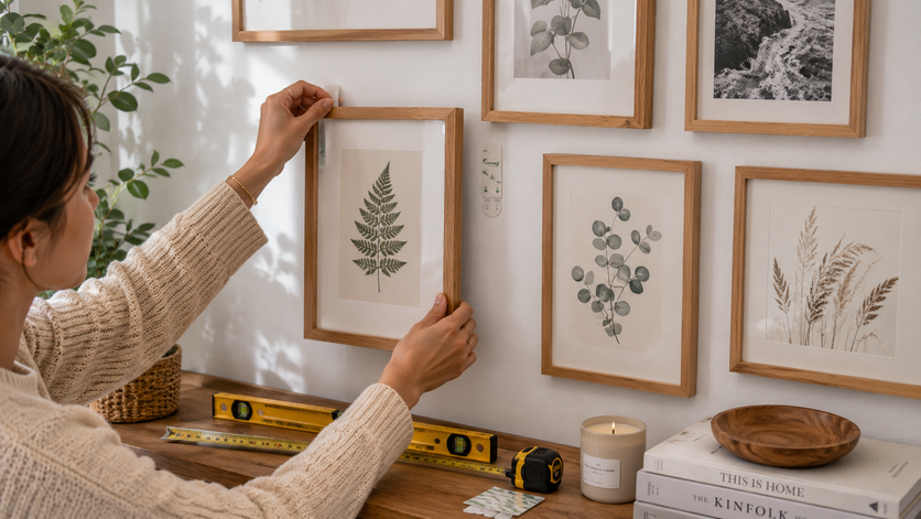 Installing framed botanical artwork on an apartment wall using Command strips and removable adhesive.