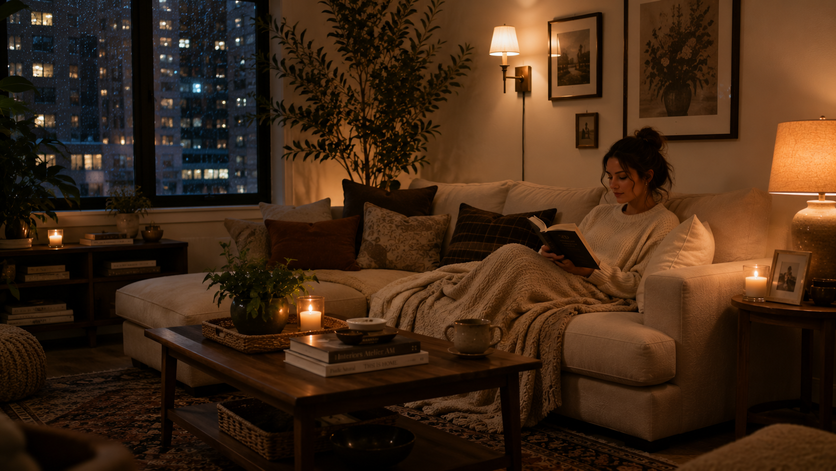 Young woman reading on a linen sofa in a cozy apartment living room with candles, warm lighting, and rain outside.