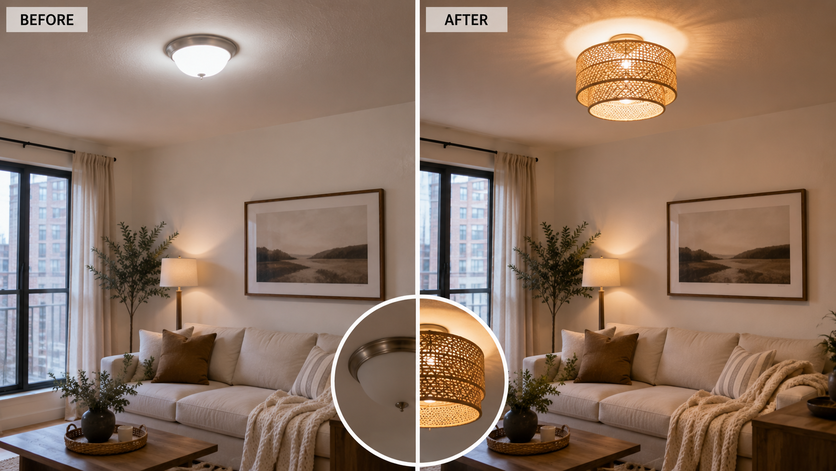 Before and after comparison of a basic apartment ceiling light upgraded with a woven rattan lampshade.