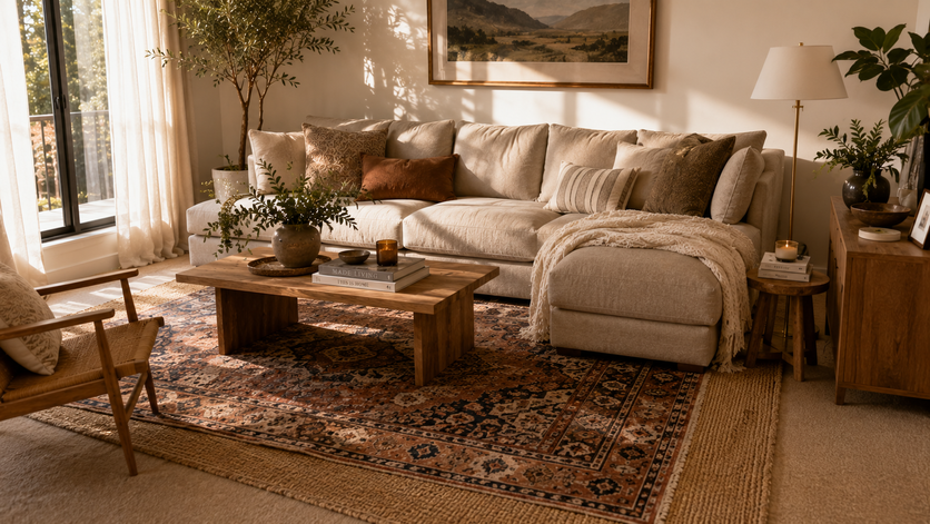 Vintage Persian rug layered over a natural jute rug on beige apartment carpet.