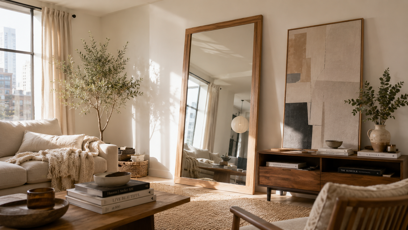 Large leaning oak framed mirror reflecting natural sunlight inside a small apartment living room.