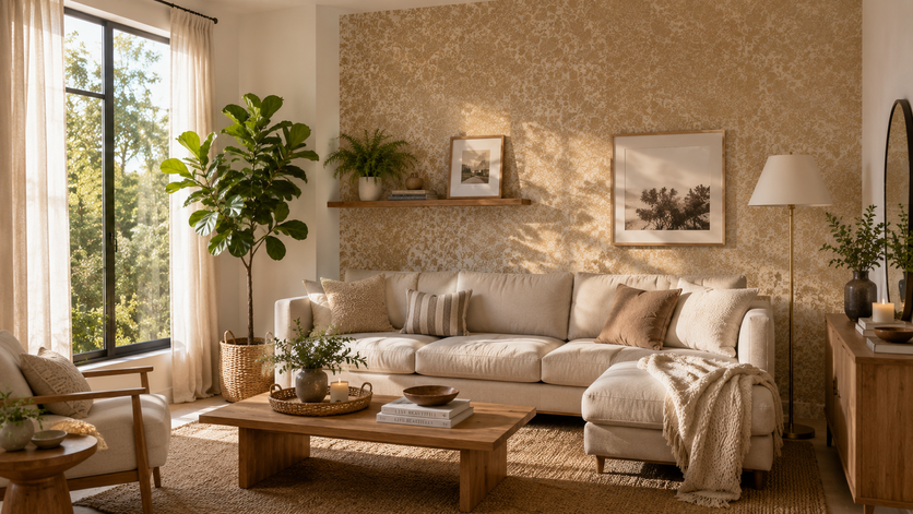 Rental apartment living room featuring a removable peel-and-stick wallpaper accent wall behind a beige sofa.