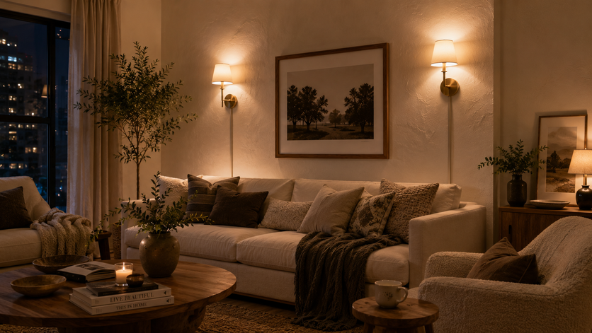 Warm plug-in wall sconces mounted without drilling in a cozy apartment living room.