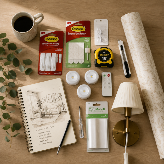 Flat lay of renter decorating supplies including Command strips, wallpaper, tools, puck lights, notebook, and coffee mug.
