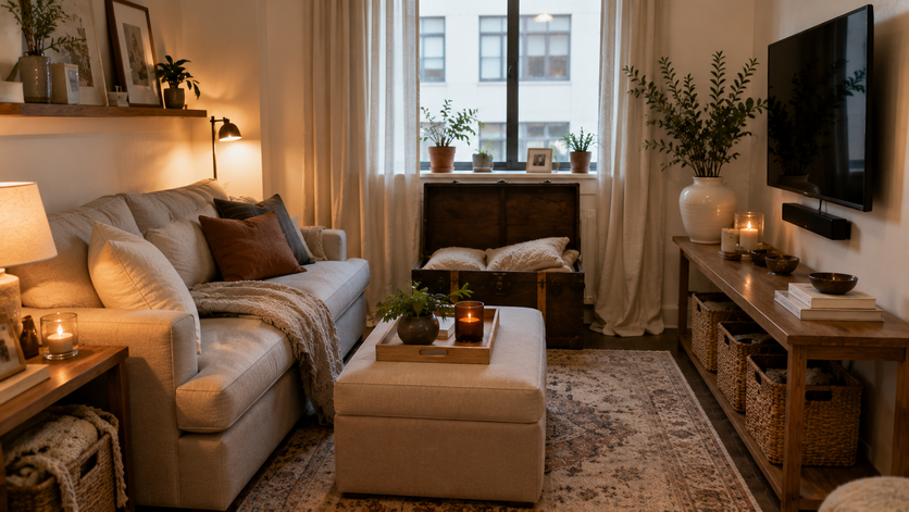 Compact apartment living room with storage ottoman, vintage trunk, and woven baskets.