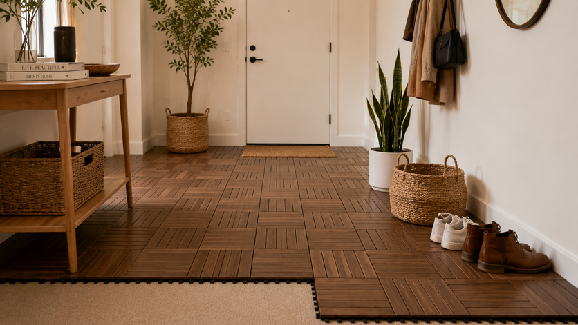 Apartment entryway with removable interlocking wood floor tiles installed over existing flooring.