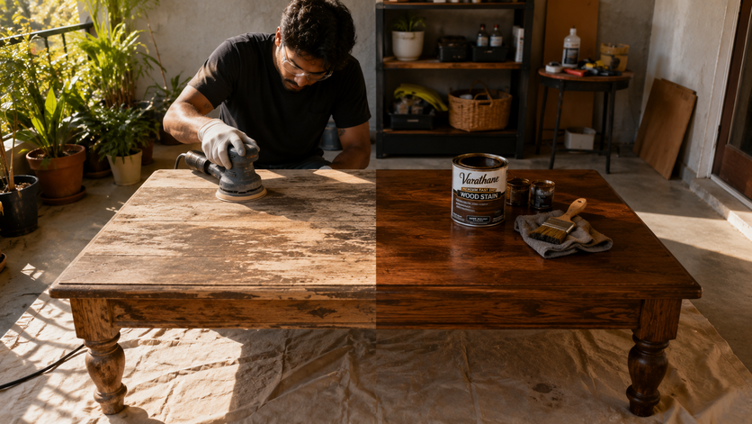 Young homeowner refinishing a vintage oak coffee table with wood stain during a DIY makeover.