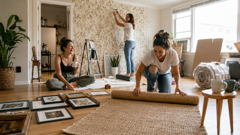 Friends decorating a rental apartment together by installing wallpaper, rolling out rugs, and arranging artwork.