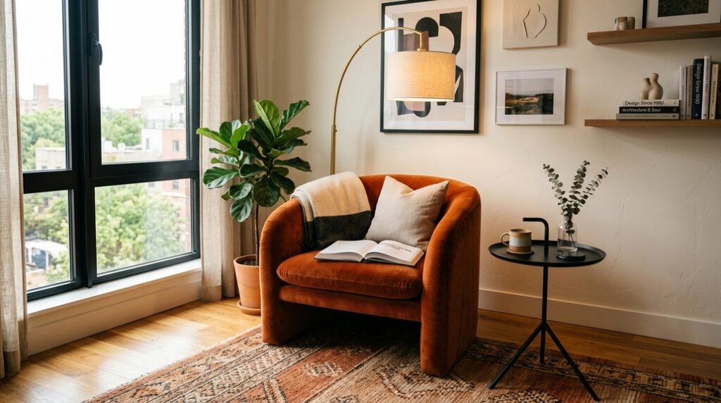 80s revival curved accent chair small apartment