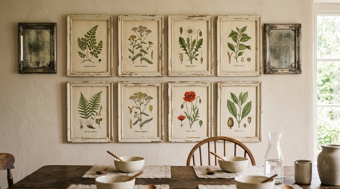 Thrifted wall art including organic botanical prints and distressed mirrors.