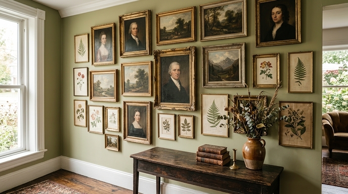 A beautiful gallery wall featuring vintage wall decor and ornate gold frames.