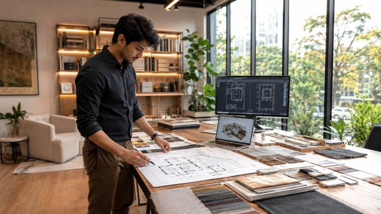Career guide graphic for how to become an interior designer
