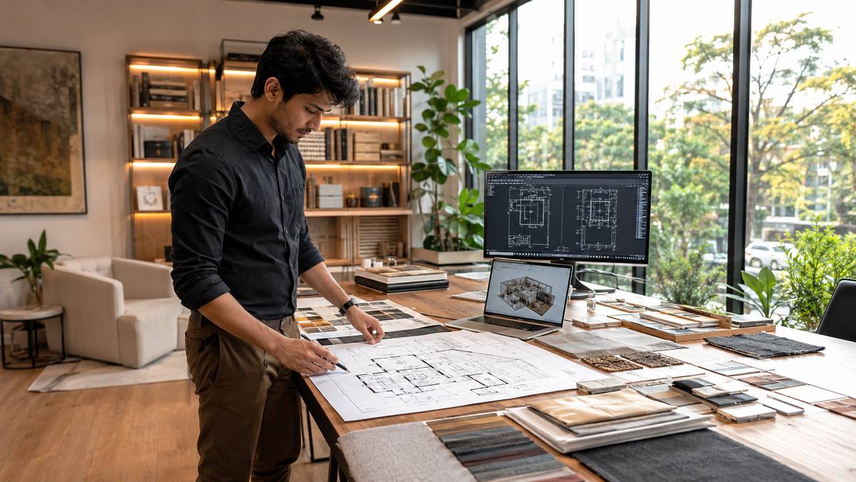 Professional interior designer working on modern home design plans in a creative studio.