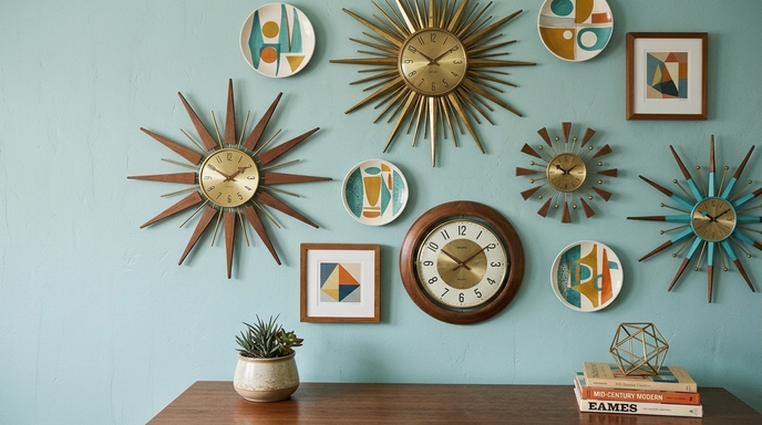 Retro room decor featuring mid-century modern clocks and decorative plates.
