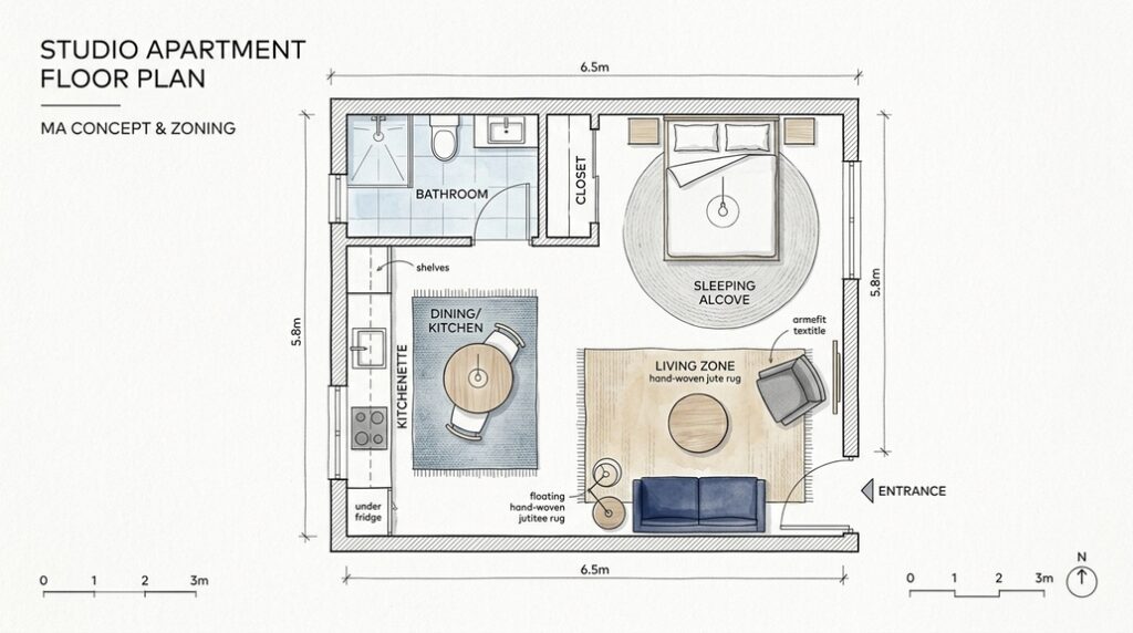 small apartment layout and zoning ideas