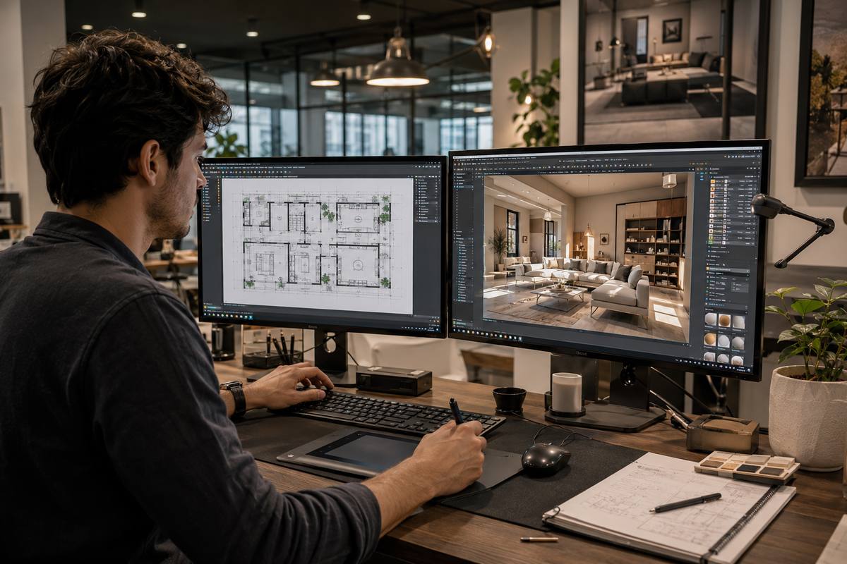 Interior designer using CAD software and 3D modeling tools.