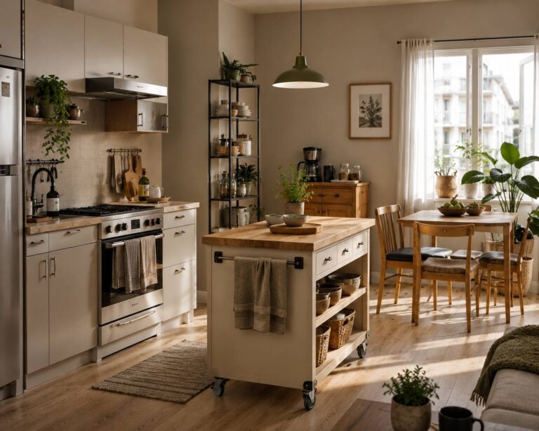 Freestanding kitchen unit styled for a rental apartment