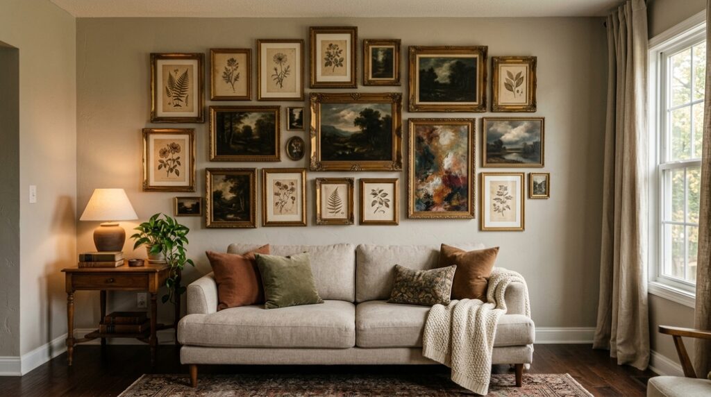 thrifted vintage gold gallery wall interior design
